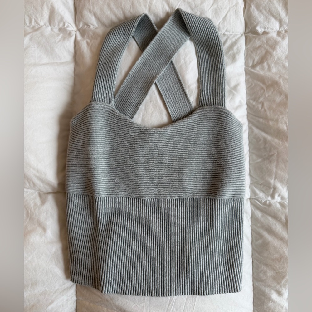 Grey Baby Blue Ribbed Cross-Back Knit Tank Top Minimalist Staple
